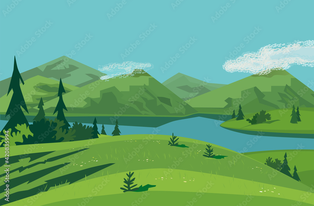 Forest on mountain river landscape background vector