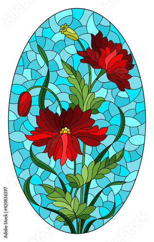 Illustration in stained glass style with red poppies flowers on a blue sky background, oval image