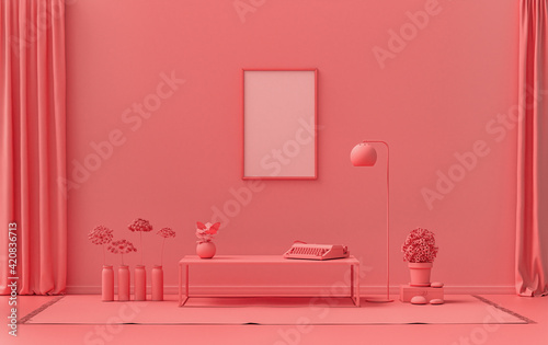 Single Frame Gallery Wall in light pink  pinkish orange color monochrome flat room with furnitures and plants  3d Rendering