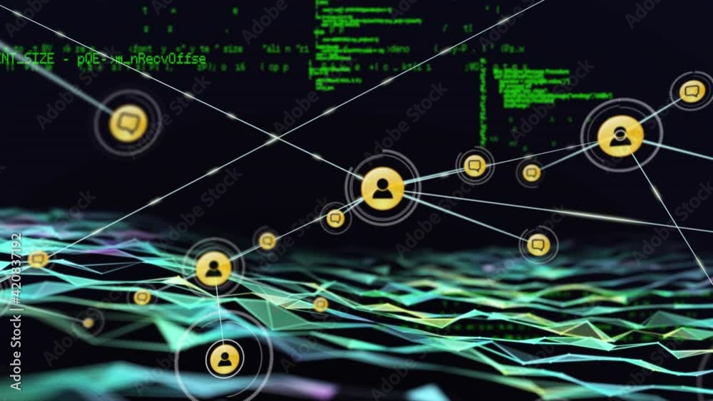 Network of connections against digital processing and waves on black background Network of connections against digital processing and waves on black background