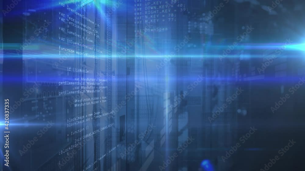 Data processing and spot of light over computer server against blue background Data processing and spot of light over computer server against blue background