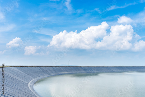 Lam Takong Reservoir Views, water reservoir with black plastic liner, Sikhio, Nakhon Ratchasima, Thailand.