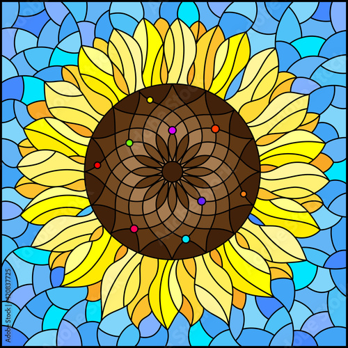 Illustration in stained glass style with sunflower flower on a blue sky background, rectangular image