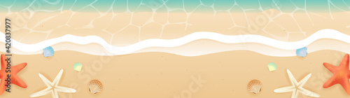 Summer Beach Banner vector illustration. Beautiful sea wave on sandy beach with shells