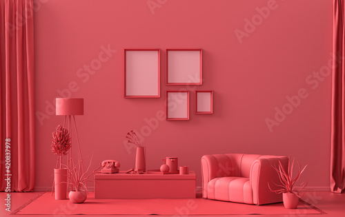 Interior room in plain monochrome dark red  maroon color  4 frames on the wall with furnitures and plants  for poster presentation  Gallery wall. 3D rendering