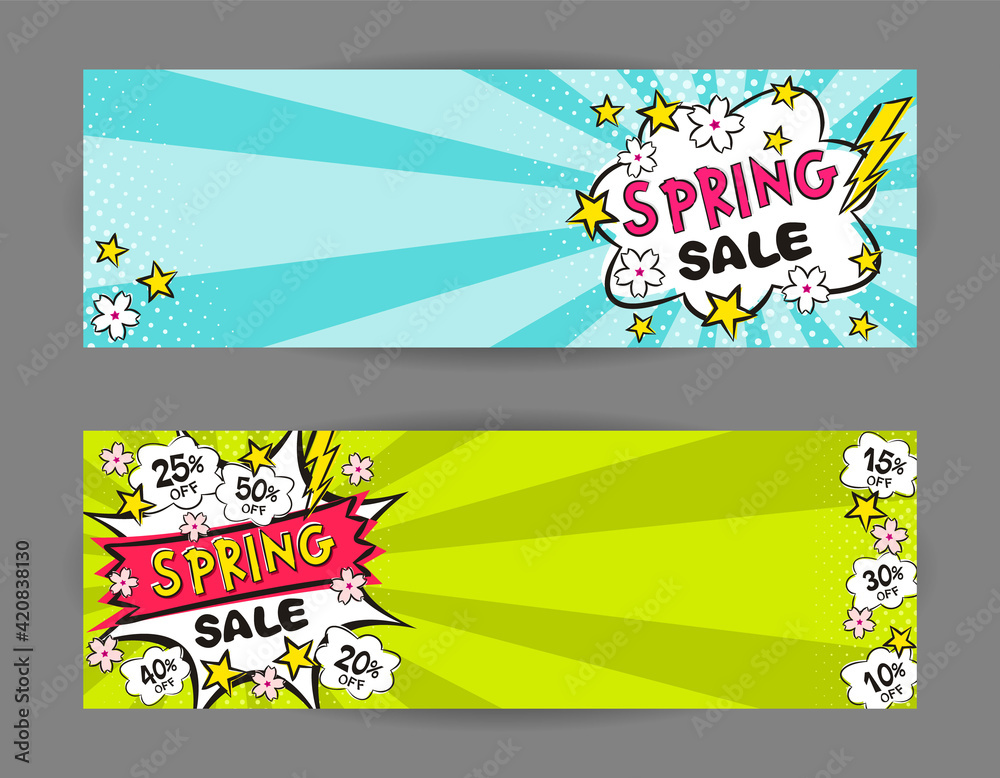 Set of pop art Bright banners for discounts or spring sales. Cartoon Explosion, clouds, Sakura flowers. Template for web design, banners, coupons, applications and posters. Vector illustration.