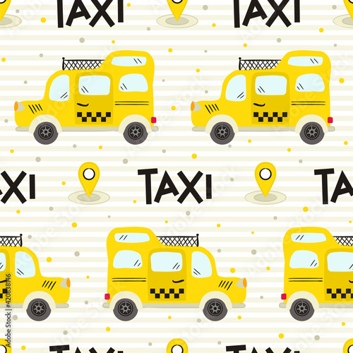 Seamless kids pattern of doodle taxi cars. Striped beige background with yellow minivans and navigation. Vector illustration for banner design, web design, covers and backdrops.