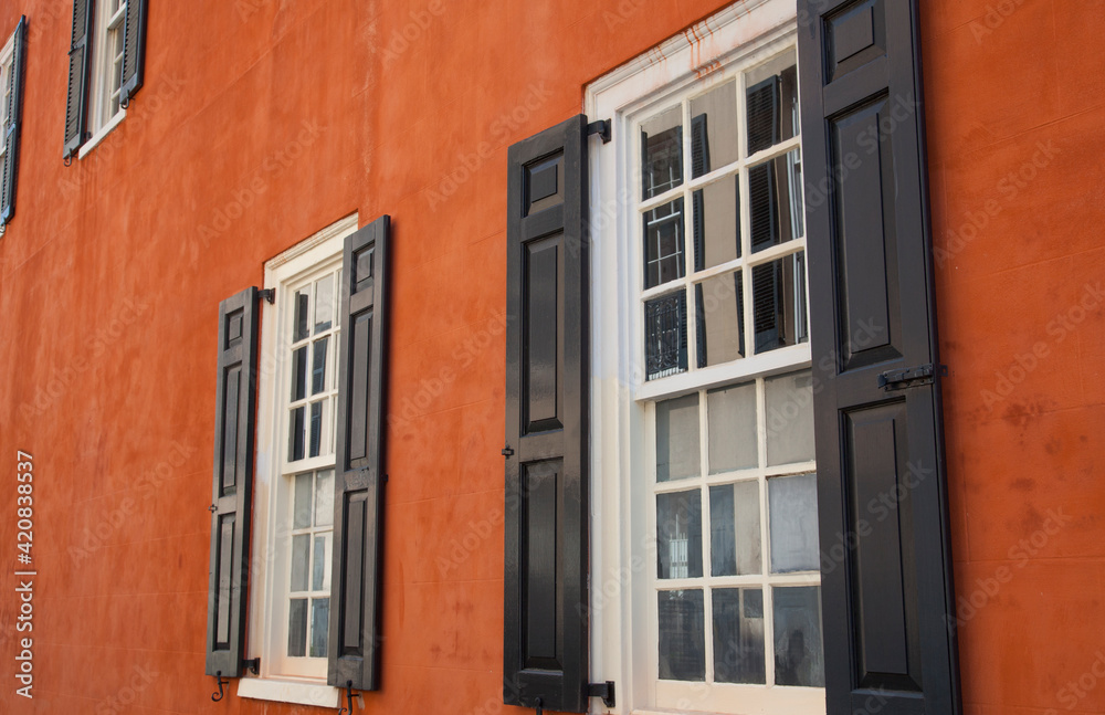 Colorful building windows in Charleston, South Carolina, USA.