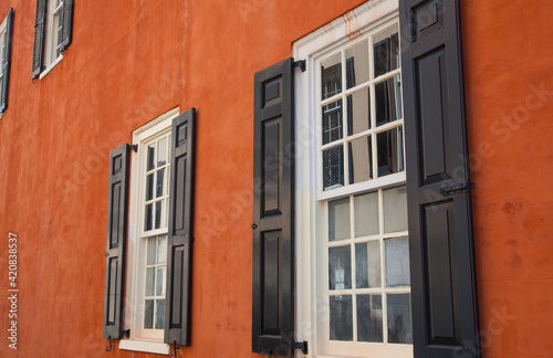 Colorful building windows in Charleston, South Carolina, USA.