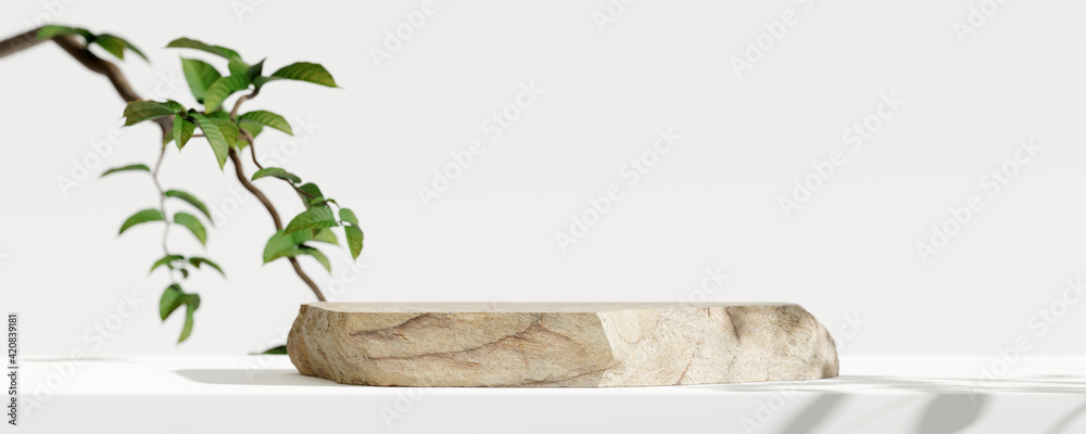 Fototapeta Wooden product display podium with blurred nature leaves background. 3D rendering