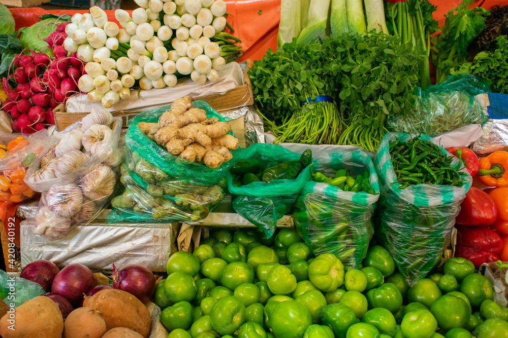 Colorful and fresh vegetables for sale in Mexican market
