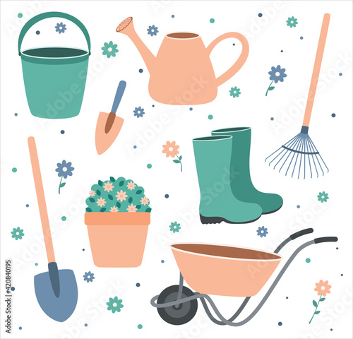 Vector set of garden equipment. Gardening elements illustration isolated on white background. Drawn farming items. Bucket, watering can, flowers, shovels, boots

