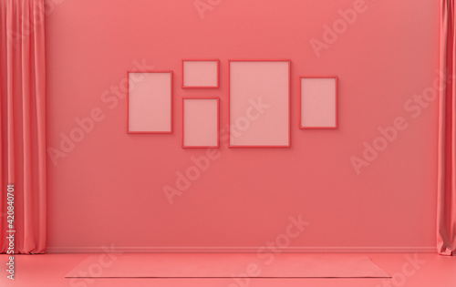 Single color monochrome light pink, pinkish orange color interior room without furniture and empty, 5 poster frames on the wall, 3D rendering
