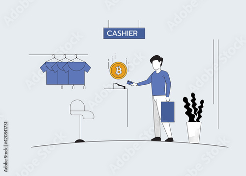 Cash Bitcoins man Modern Flat Line Vector