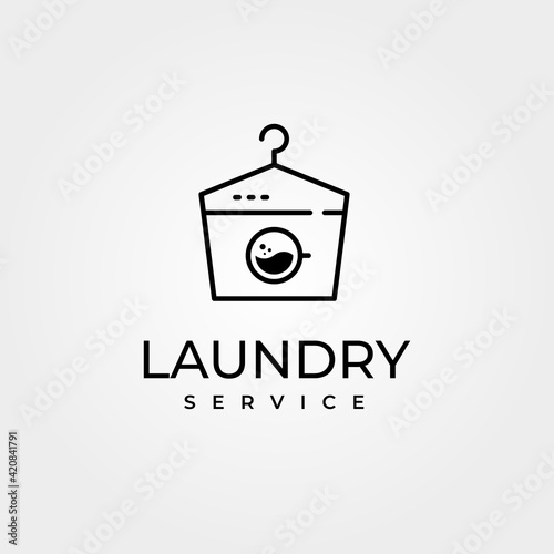 creative laundry logo vector with hanger symbol and wash machine illustration design, laundry line art style logo