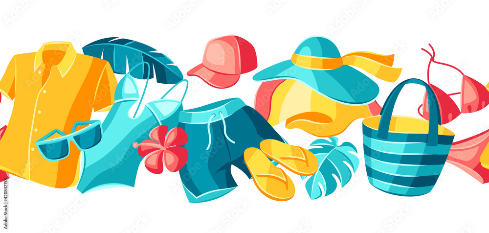 Seamless pattern with beachwear and swimwear. Summer clothes and accessories.