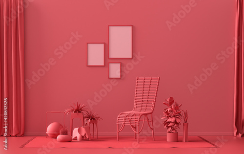 Gallery wall with three frames  in monochrome flat single dark red  maroon color room with furnitures and plants   3d Rendering