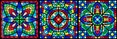 Stained-glass window with colored piece. Decorative ceramic tile pattern.