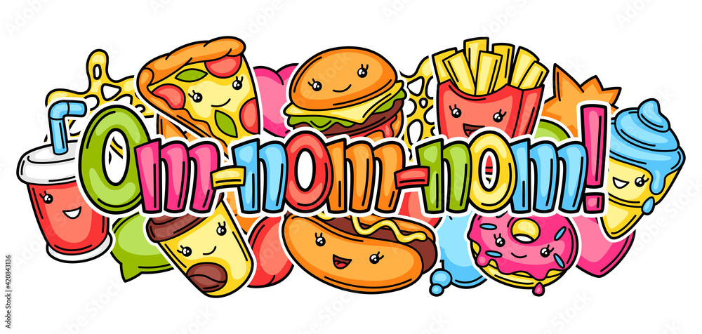 Background with cute kawaii fast food meal. Tasty characters of fastfood. Background with cute kawaii fast food meal. Tasty characters of fastfood.
