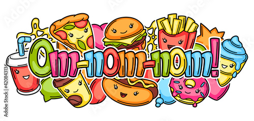 Background with cute kawaii fast food meal. Tasty characters of fastfood.