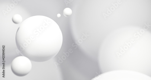 3D rendering of abstract spheres. Modern club party invitation. Dynamic white bouncing balls. Dance music event cover.
