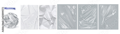 Crumpled paper, white paper, transparent plastic film. 3d realistic vector texture