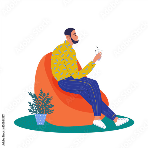Men sitting in ball chair and resting and drinking fresh juice. Coworking open space. Business People Character. Cartoon flat vector illustration.