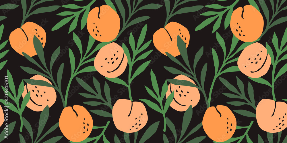 Vector seamless pattern with peaches. Trendy hand drawn textures. Modern abstract design Vector seamless pattern with peaches. Trendy hand drawn textures. Modern abstract design