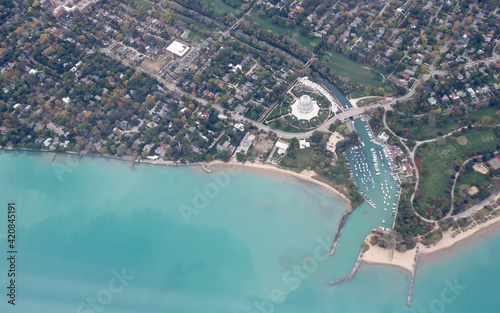 Aerial view of the Wilmette Harbor and the Lake Michigan shoreline in Wilmette, Illinois. photo