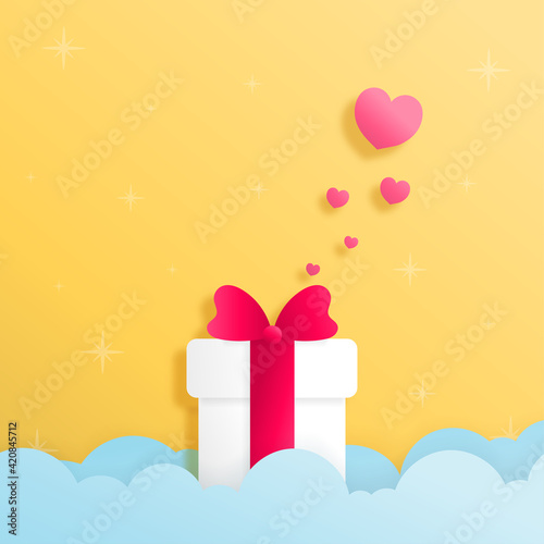 white gift box on blue cloud on golden background.paper cut concept.Happy birthday.