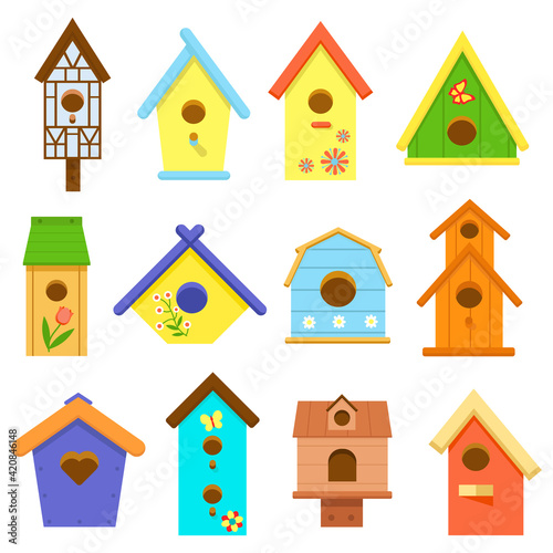 Wooden multi-colored birdhouses isolated on white background. Birdhouse, bird feeder of various shapes. Set of icons. Crafts made of wood and nails. Bird Day, Nature protection. Vector illustration