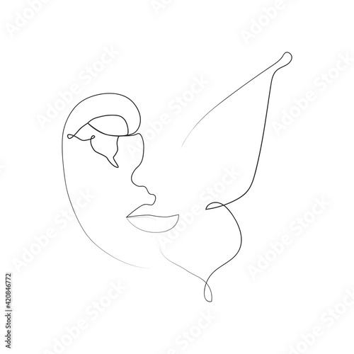 abstract face with butterfly one line drawing. Portret minimalistic style