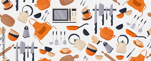 Vector seamless pattern with various kitchen accessories on a white background. Kitchen utensils. A pot, a kettle, knives, plates, cups...