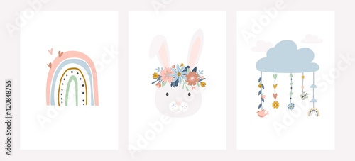 Cute vector pastel cards set for baby room decoration. Bunny head with floral wreath, rainbow, hearts, cloud and flowers in cartoon flat style, Vector illustration for poster, greeting card, print etc