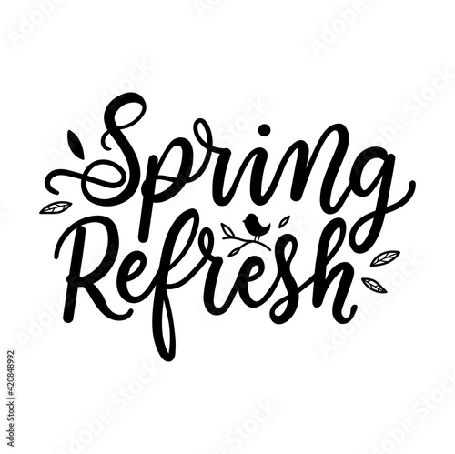 Spring refresh lettering sign with doodles. Hand drawn modern calligraphy design template for cards, poster, home decor, flyers, banner, packaging, cleaning service advertising. Spring cleaning vector photo