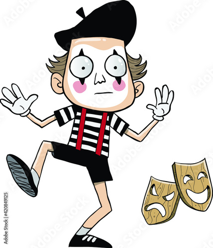 Young kid mime theatre black and white costume and dramatical make-up