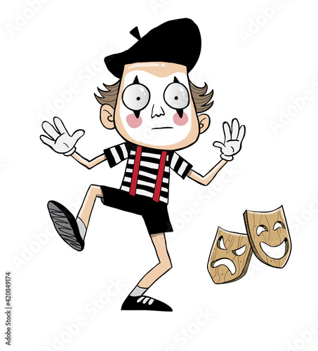 Vászonkép Young kid mime theatre black and white costume and dramatical make-up