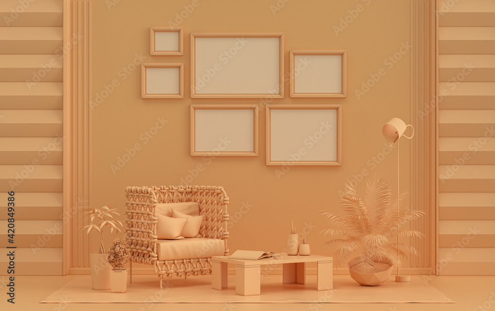Fototapeta premium Wall mockup with six frames in solid flat pastel orange pinkish color, monochrome interior modern living room with furnitures and plants, 3d rendering