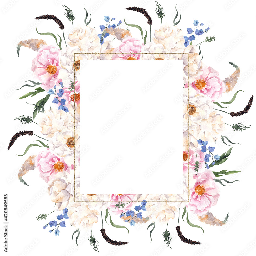 Watercolor frame with wildflower, leaves and herbs, meadow floral. Isolated on white background Watercolor frame with wildflower, leaves and herbs, meadow floral. Isolated on white background