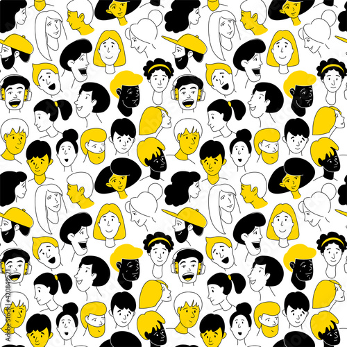 Decorative diverse women men head seamless pattern background. Multiethnic gruop
