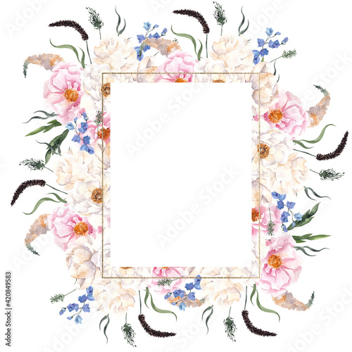 Watercolor frame with wildflower, leaves and herbs, meadow floral. Isolated on white background