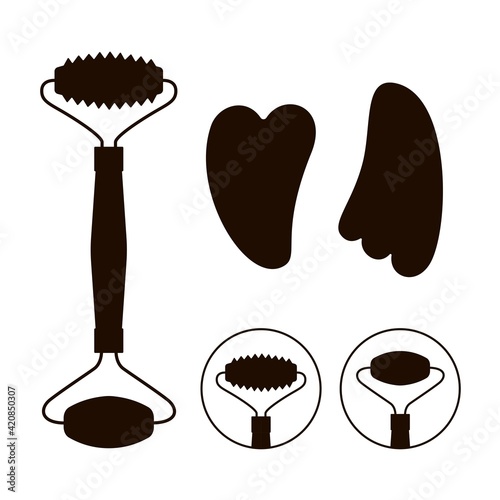 Roller guasha massage black silhouette isolated on white background. Fashion accessories cosmetology. 