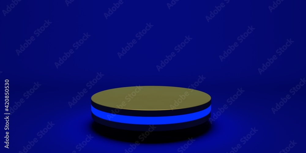 Golden product stand futuristic or podium pedestal on empty display with blue backdrops. 3D rendering. Golden product stand futuristic or podium pedestal on empty display with blue backdrops. 3D rendering.