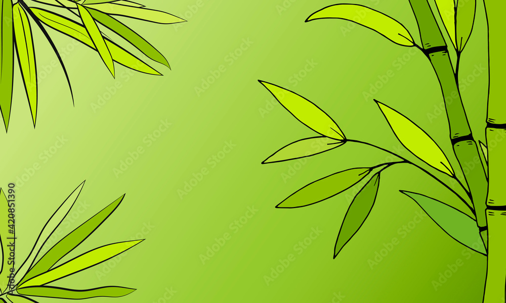 Obraz premium Beautiful background with bamboo stem and leaves. Set of bamboo tree leaves. Hand drawn botanical collection. Drawing of parts of bamboo and sections of branches and leaves on a green background.