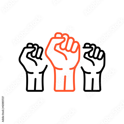 Three clenched fists raised in protest vector icon