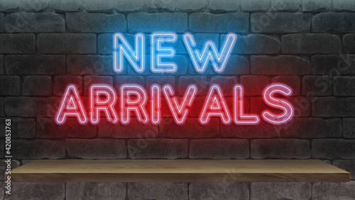 wooden podium table for displaying your merchandise. Neon sign on brick wall, new arrivals 3d render