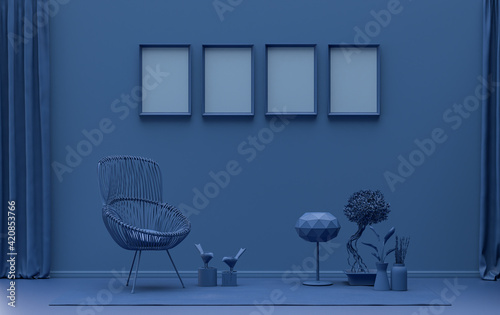 Single color monochrome dark blue color interior room with furnitures and plants, 4 poster frames on the wall, 3D rendering