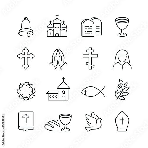 Christianity related icons: thin vector icon set, black and white kit
