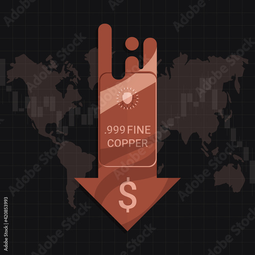 Copper market price crisis concept. Design by Cu metal bar and falling down arrow with US dallar sign. Decline in copper commodity value during world economic growth. Flat vector illustration