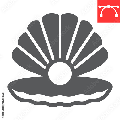 Seashell with pearl glyph icon, shell and ocean animals, open seashell vector icon, vector graphics, editable stroke solid sign, eps 10.